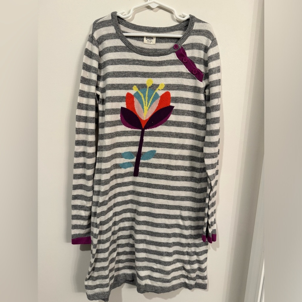 Mini Boden Girl's Flower Sweater Dress 111-12Y White Gray Striped Knit Cashmere